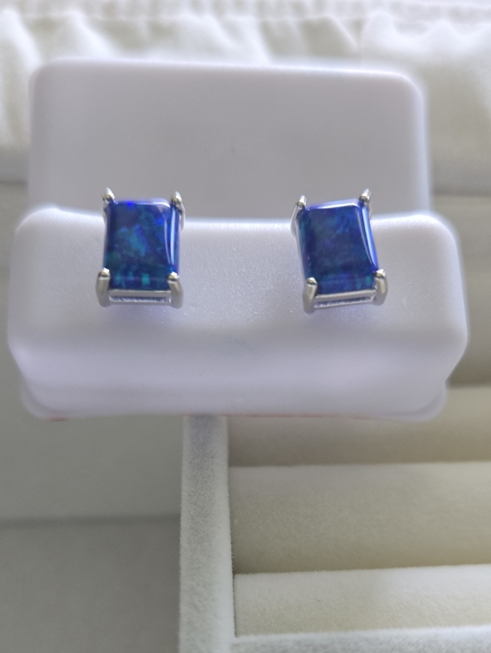 Blue Rectangular Opal Stud Earrings In 925 Sterling Silver